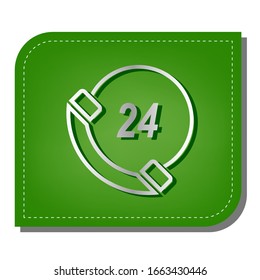 Support 24 hours sign. Silver gradient line icon with dark green shadow at ecological patched green leaf. Illustration.