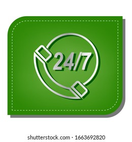Support 24 hours sign. Silver gradient line icon with dark green shadow at ecological patched green leaf. Illustration.