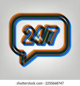 Support 24 hours sign. Stroked Icon in orange, azure and old lavender Colors at gray Background. Illustration.