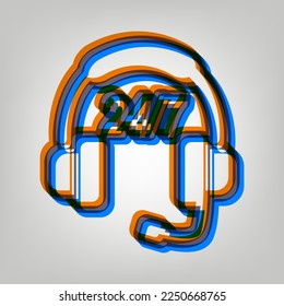 Support 24 hours sign. Stroked Icon in orange, azure and old lavender Colors at gray Background. Illustration.