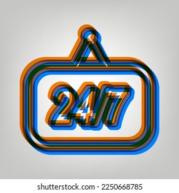 Support 24 hours sign. Stroked Icon in orange, azure and old lavender Colors at gray Background. Illustration.