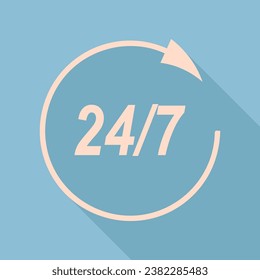 Support 24 hours sign. Unbleached silk Icon with very long shadow at dark sky blue background. Illustration.