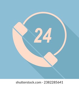 Support 24 hours sign. Unbleached silk Icon with very long shadow at dark sky blue background. Illustration.