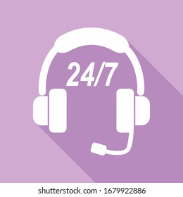 Support 24 hours sign. White Icon with long shadow at purple background. Illustration.