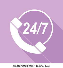 Support 24 hours sign. White Icon with long shadow at purple background. Illustration.