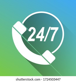 Support 24 hours sign. White Icon with gray dropped limitless shadow on green to blue background. Illustration.