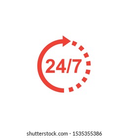 Support 24-7 Red Icon On White Background. Red Flat Style Vector Illustration.