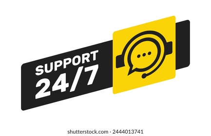 Support 24-on-7 web banner. Support center social media post. Help desk logo. 24 hours customer service sign.