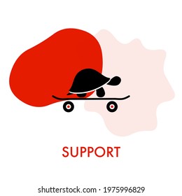 Support. Accelerated turtle by skateboarding. Creative, minimalist illustration suitable for business decoration and fashion design.