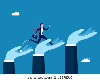 Support to achieve business goals. man jumps up the stairs with big hands to advance 