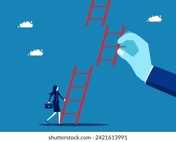 Support to achieve career goals. Businessman climbs up a ladder with a big helping hand to connect the stairs