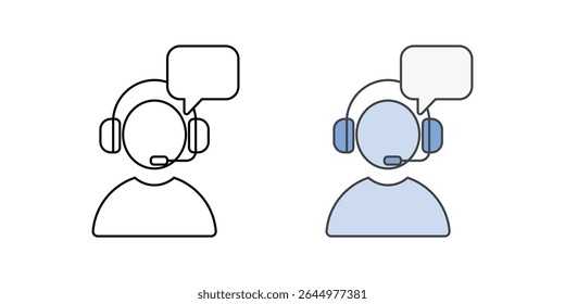IT support agent avatar icon with headset and chat bubble, in outline and color styles, ideal for illustrating tech support personnel, IT helpdesk contact, and employee assistance services.