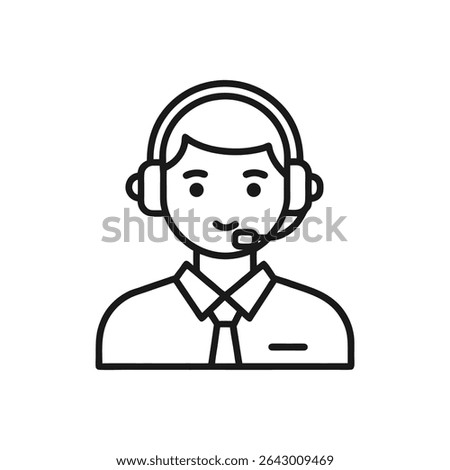 Support Agent with Headset Outline Icon on White Background – Customer Service Representative Line Symbol
