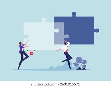 Support of ai or working with artificial intelligence and problem solving concept, business team and robots are putting together a last jigsaw puzzle
