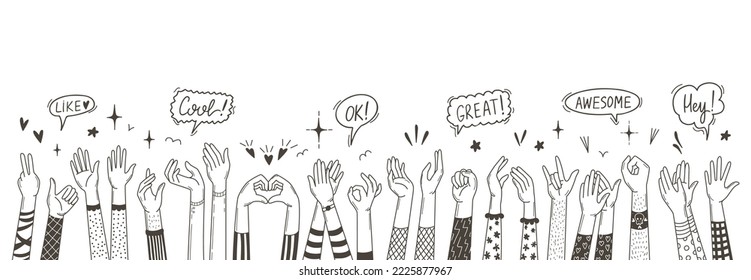 Support and applause sketch hands. Arm waving, clapping hand woman man. Helping or support human, happy signs. Thumbs up, fan crowd neoteric vector concept