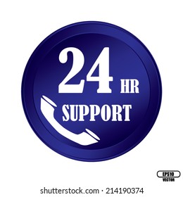 Support around the clock, 24 hours a day blue icon and button isolated on white background - Vector.