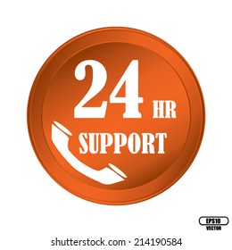 Support around the clock, 24 hours a day orange icon and button isolated on white background - Vector.