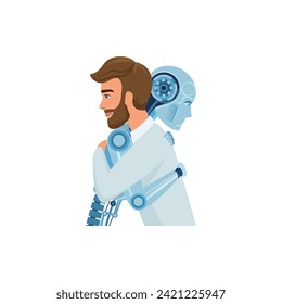 Support from artificial intelligence to person, businessman and android hugging vector illustration