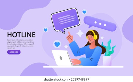 Support, assistance, call center Concept.online customer service. Woman with headphones and microphone with laptop. female hotline operator advises client. Online support illustration flat design.