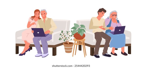 Support, assistance and care from young people to elderly in learning how to use computer and internet set. Students training old grandpa and granny, sitting on sofa cartoon vector illustration