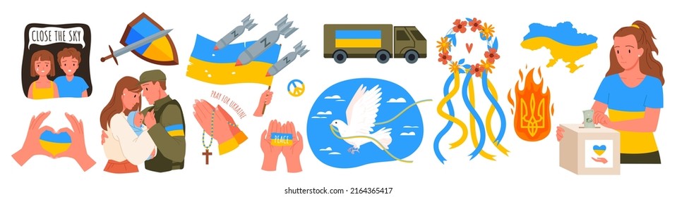 Support, assistance and help for Ukraine set vector illustration. Cartoon hands holding Ukrainian flag with slogan peace, showing heart gesture, traditional wreath in national colors of Ukraine