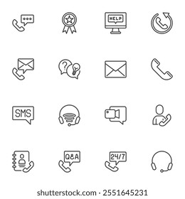 Support assistance line icons set, outline vector symbol collection, linear style pictogram pack. Signs, logo illustration. Set includes icons as customer service, help, information, faq, contact call