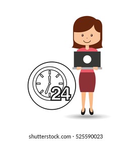 support assitance concept girl with clock 24 service vector illustration eps 10
