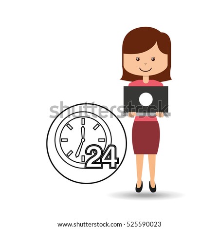 support assitance concept girl with clock 24 service vector illustration eps 10
