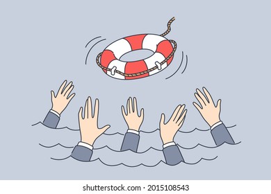 Support, bankrupt, crisis management concept. Hands of business people trying to catch lifebuoy from ship and get help support service in difficult situation vector illustration 