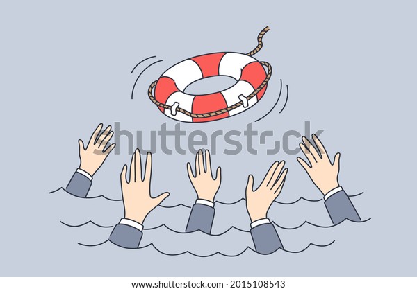 Support,
bankrupt, crisis management concept. Hands of business people
trying to catch lifebuoy from ship and get help support service in
difficult situation vector illustration
