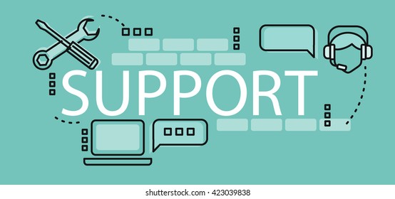 Support banner concept design flat style. Poster or a banner of support and technical advising for the web site or web page. Elements tools and laptop manager in headphones. Vector illustration