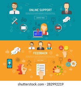 Support banner horizontal set with online feedback elements flat isolated vector illustration