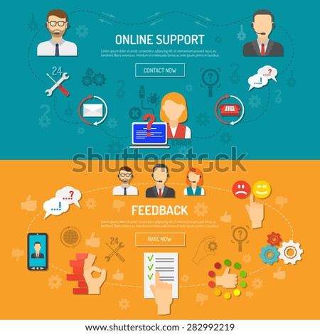 Support banner horizontal set with online feedback elements flat isolated vector illustration