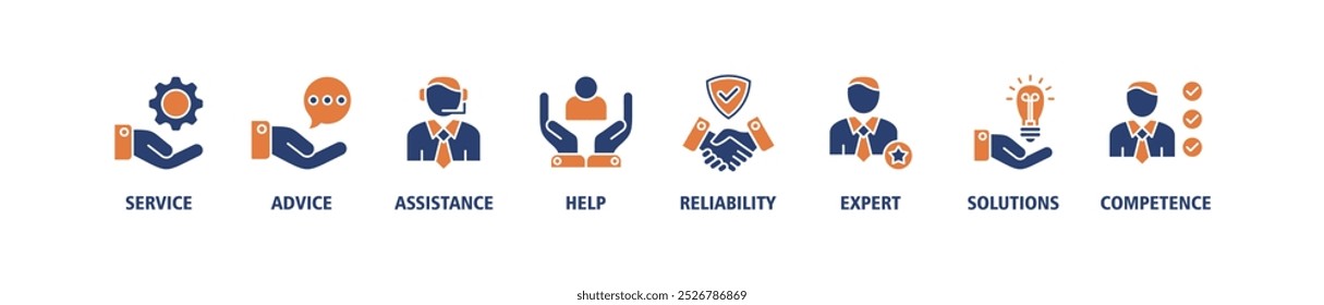 Suporte banner web ícone conjunto vetor ilustração conceito com ícone de serviço, conselho, assistência, ajuda, confiabilidade, especialista, soluções e competência ícones infográfico símbolo fundo