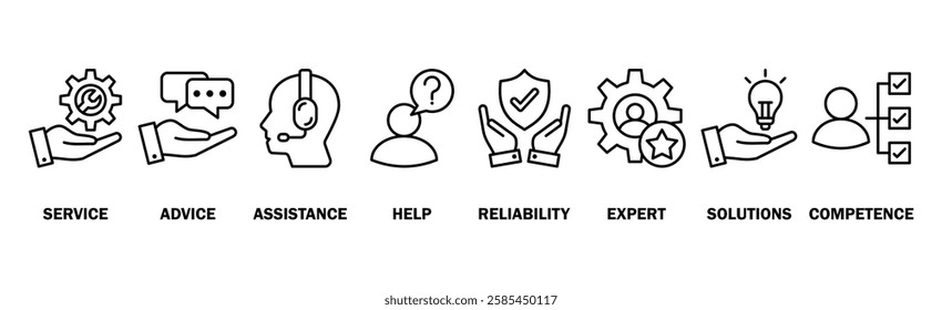 Support banner web icon vector illustration concept with icon of service, advice, assistance, help, reliability, expert, solutions and competence