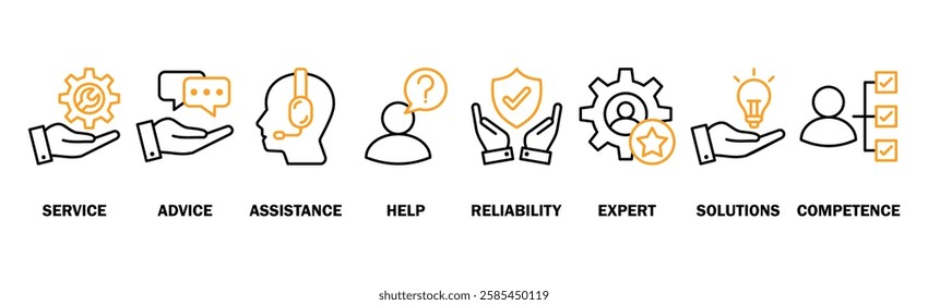 Support banner web icon vector illustration concept with icon of service, advice, assistance, help, reliability, expert, solutions and competence