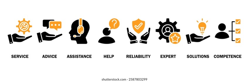Support banner web icon vector illustration concept with icon of service, advice, assistance, help, reliability, expert, solutions and competence