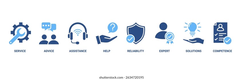 Support banner web icon vector illustration concept with icon of service, advice, assistance, help, reliability, expert, solutions and competence