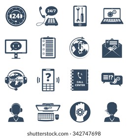 Support black icons set with customer assistance consultant and faq service isolated vector illustration