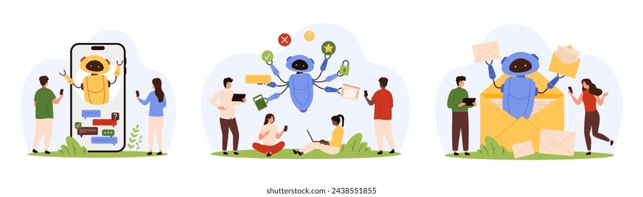 Support from bot to customers set, answers to questions, FAQ and GPT chat service. Robot on mobile phone screen help tiny people in online messenger, multitasking android cartoon vector illustration