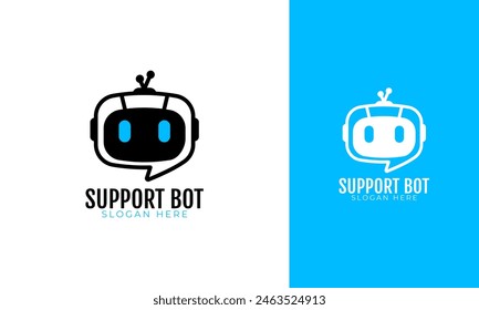 Asistencia bot logo diseño. Símbolo de cabeza de robot con chat o concepto de conversación. Ilustración vectorial de máquina virtual