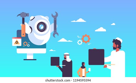 support bot robot wrench service repair concept artificial intelligence arabic people using gadgets flat horizontal vector illustration