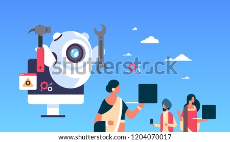 support bot robot wrench service repair concept artificial intelligence indian people using gadgets flat horizontal vector illustration