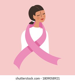 Support Breast Cancer Pink Awareness Ribbon Female. Cute Woman illustration on pink background. World cancer Day. Health care graphics