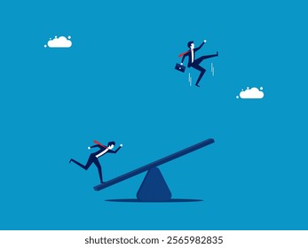 Support, business consultant. Two businessmen playing a seesaw