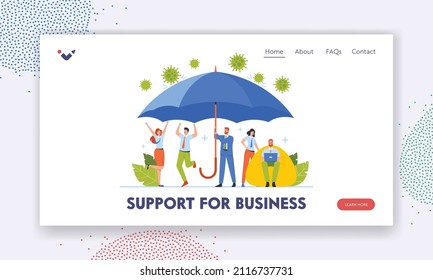 Support für Business Landing Page Template. Charaktere freuen sich unter einem riesigen Regenschirm, der sich von Coronavirus-Zellen versteckt. Beenden Sie die Covid-Virus-Pandemie, Versicherungskonzept. Vektorgrafik von Cartoon People