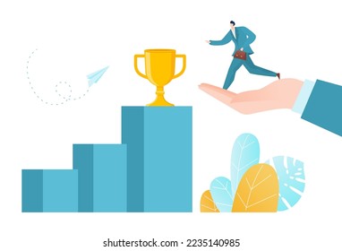 Support for business man success, vector illustration, flat tiny businessman charcater stand at huge hand, get golden trophy for work.