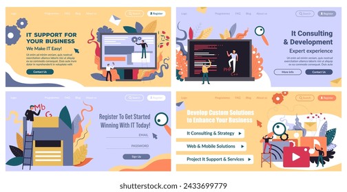 It support for business, service offer at web page. Landing banner collection with it consulting and development promo, vector illustration. Expert experience for custom solution collection