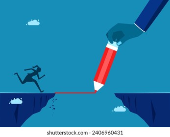 Support. Businessman draws a line as a bridge to help employees cross the cliff