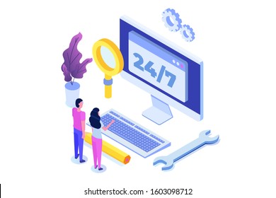 Support or call center 24/7 concept.   Web page or banner design templates.  24 hours open customer service. Vector illustration Isometric.